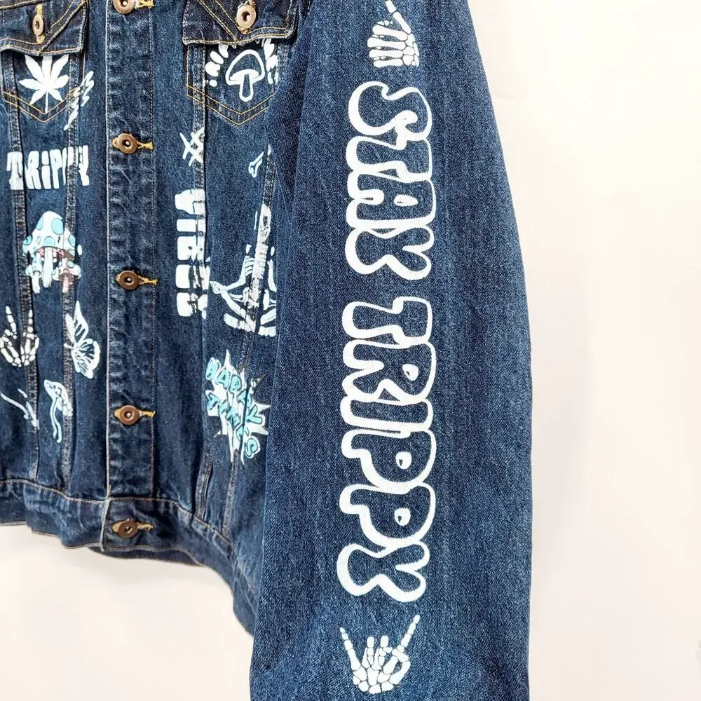 Eighty Eight Blue Jean 420 Don't Trip Stay Trippy Trucker Jacket Men's Size L